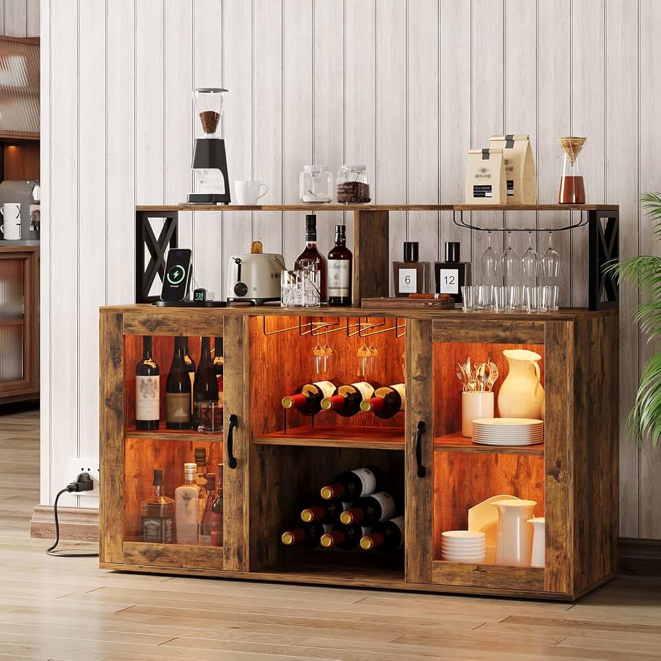 Custom home bar cabinets with lit shelving and wine storage handcrafted in Indianapolis